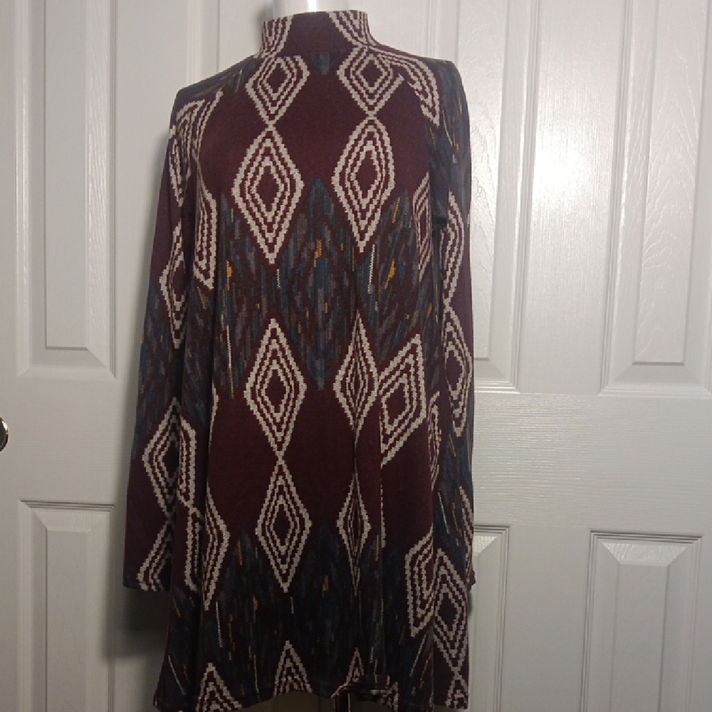 ELLA BLUE Soft Mock Neck Geometric Print Long Sleeve Sweater Dress